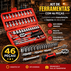 Kit Chaves Ferramentas Jogo Fenda Philips Catraca Soquete Allen 46 Peças com Maleta Completa Manual Ideal Mecânico Manutenção Casa Carro Profissional Resistente Portátil Compacto Quicko